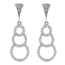 2x Rhodium on 925 Sterling Silver Triple Ring Loop Dangle Clear CZ Crystal Charm Stud Earring Post