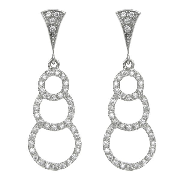 2x Rhodium on 925 Sterling Silver Triple Ring Loop Dangle Clear CZ Crystal Charm Stud Earring Post