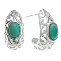 2x 925 Sterling Silver Bali Filigree Flower Turquoise Stone Half Hoop Stud Earring Post