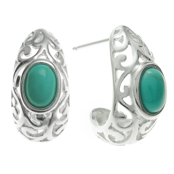 2x 925 Sterling Silver Bali Filigree Flower Turquoise Stone Half Hoop Stud Earring Post
