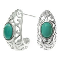 2x 925 Sterling Silver Bali Filigree Flower Turquoise Stone Half Hoop Stud Earring Post