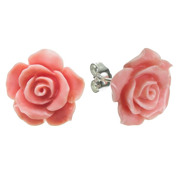2x Sterling Silver Simulated Pink Coral Rose Earring Stud Post 15mm