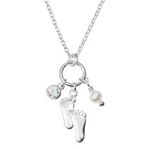 1x 925 Sterling Silver Fooprint Family Natural Fresh Water Pearl Round Clear CZ Crystal Dangle Pendant Charm Link Necklace Chain 16″ + 1″ Extender