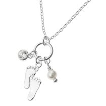 1x 925 Sterling Silver Fooprint Family Natural Fresh Water Pearl Round Clear CZ Crystal Dangle Pendant Charm Link Necklace Chain 16" + 1" Extender