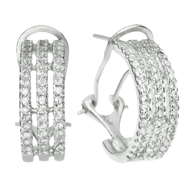 2x Rhodium on 925 Sterling Silver Half Hoop Clear CZ Crystal Huggie French Clip Earrings