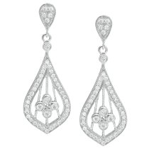 2x Rhodium on 925 Sterling Silver Teardrop Chandelier Clear CZ Crystal Flower Dangle Charm Drop Earring Stud Post