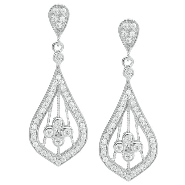 2x Rhodium on 925 Sterling Silver Teardrop Chandelier Clear CZ Crystal Flower Dangle Charm Drop Earring Stud Post