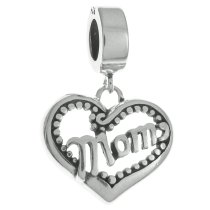Antique 925 Sterling Silver Mother's Day Love Heart Mom Dangle Bead for European Charm Bracelets