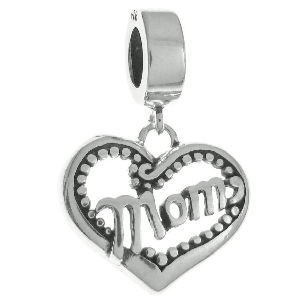 Antique 925 Sterling Silver Mother's Day Love Heart Mom Dangle Bead for European Charm Bracelets