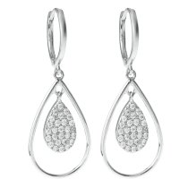 2x Rhodium on 925 Sterling Silver Clear CZ Crystal Teardrop Charm Dangle Chandelier Earwire Hoop Huggie Earrings