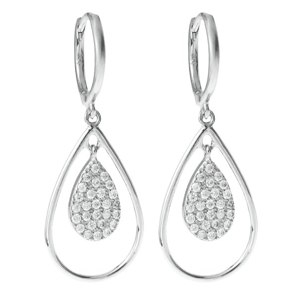 2x Rhodium on 925 Sterling Silver Clear CZ Crystal Teardrop Charm Dangle Chandelier Earwire Hoop Huggie Earrings