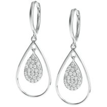 2x Rhodium on 925 Sterling Silver Clear CZ Crystal Teardrop Charm Dangle Chandelier Earwire Hoop Huggie Earrings
