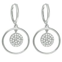 2x Rhodium on 925 Sterling Silver Round Clear CZ Crystal Charm Dangle Chandelier Hoop Huggie Earrings