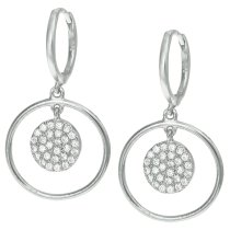 2x Rhodium on 925 Sterling Silver Round Clear CZ Crystal Charm Dangle Chandelier Hoop Huggie Earrings