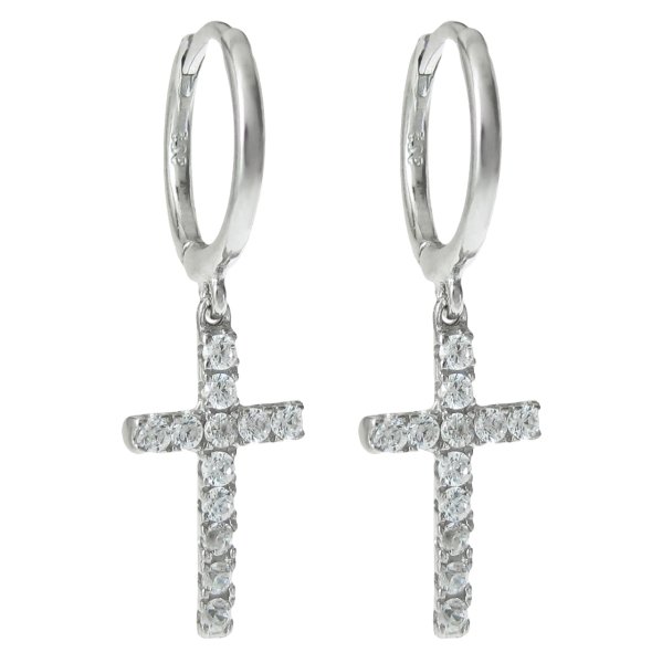 2x Rhodium on 925 Sterling Silver Clear CZ Crystal Christian Cross Charm Dangle Earwire Huggie Earrings
