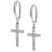 2x Rhodium on 925 Sterling Silver Clear CZ Crystal Christian Cross Charm Dangle Earwire Huggie Earrings