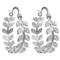 2x Rhodium on 925 Sterling Silver Clear CZ Crystal Olive Leaf Crown Ring Hoop Huggie Earring