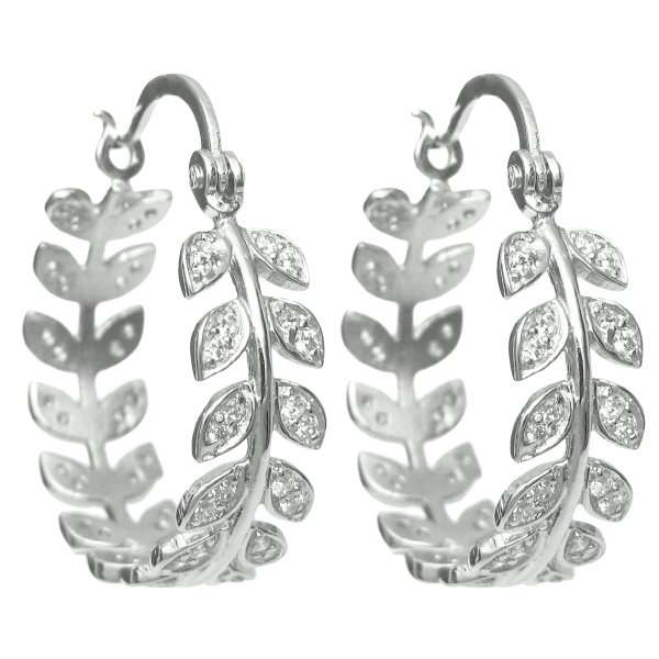 2x Rhodium on 925 Sterling Silver Clear CZ Crystal Olive Leaf Crown Ring Hoop Huggie Earring