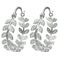 2x Rhodium on 925 Sterling Silver Clear CZ Crystal Olive Leaf Crown Ring Hoop Huggie Earring