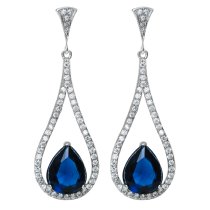 2x Rhodium on 925 Sterling Silver Teardrop Loop Blue Glass with Clear CZ Crystal Dangle Charm Earring Stud Post