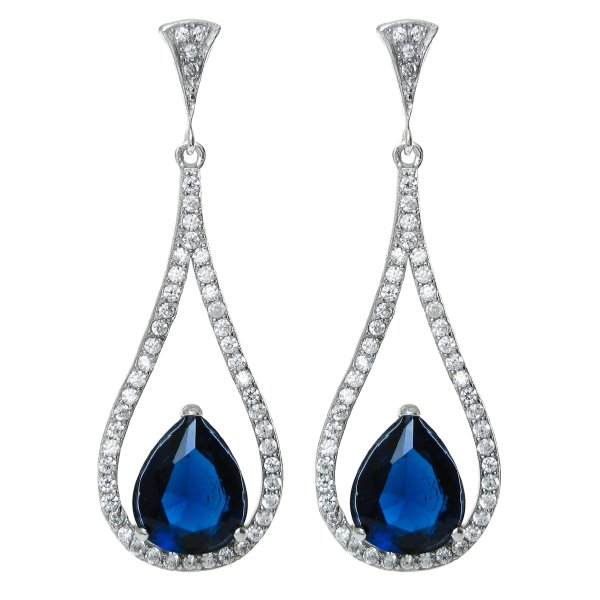 2x Rhodium on 925 Sterling Silver Teardrop Loop Blue Glass with Clear CZ Crystal Dangle Charm Earring Stud Post