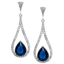 2x Rhodium on 925 Sterling Silver Teardrop Loop Blue Glass with Clear CZ Crystal Dangle Charm Earring Stud Post