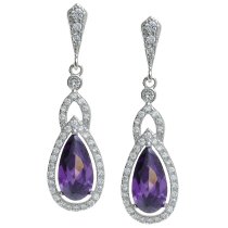 2x Rhodium on 925 Sterling Silver Purple and Clear CZ Crystal Teardrop Loop Dangle Charm Earring Stud Post