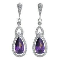 2x Rhodium on 925 Sterling Silver Purple and Clear CZ Crystal Teardrop Loop Dangle Charm Earring Stud Post