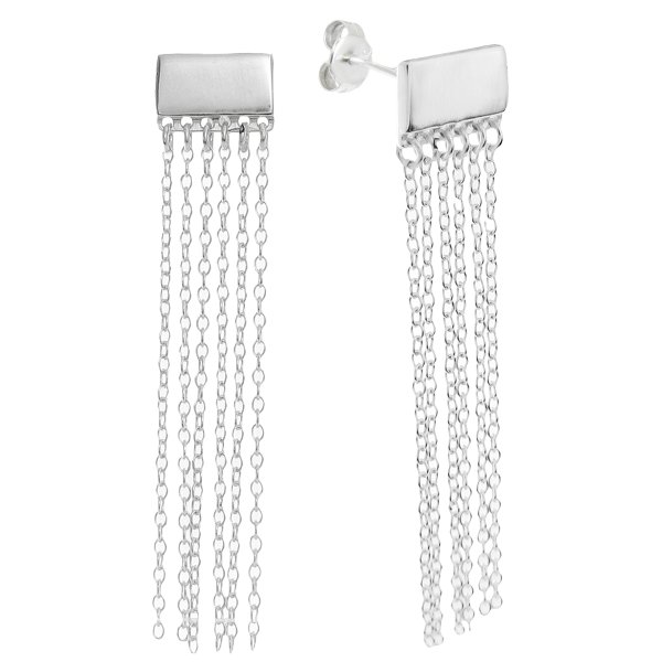 2x 925 Sterling Silver Plain Rectangle Tassel Chain Earring Stud Post