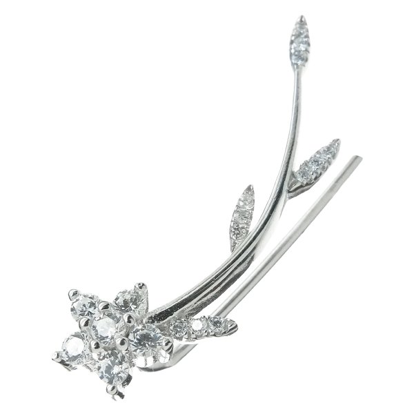 1x Rhodium on 925 Sterling Silver Flower Leaf Clear CZ Crystal French Hook Ear Cuff Wrap Earring for Left Ear