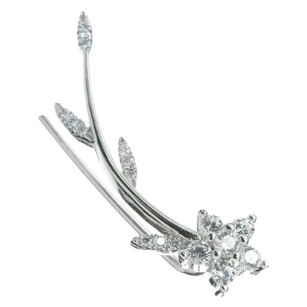 1x Rhodium on 925 Sterling Silver Flower Leaf Clear CZ Crystal French Hook Ear Cuff Wrap Earring for Right Ear