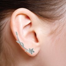 1x Rhodium on 925 Sterling Silver Flower Leaf Clear CZ Crystal French Hook Ear Cuff Wrap Earring for Right Ear
