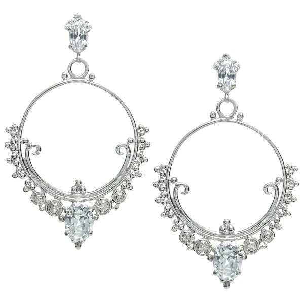 2x Rhodium on 925 Sterling Silver Wedding Round Loop Dangle Clear CZ Crystal Charm Chandelier Stud Earring