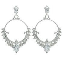 2x Rhodium on 925 Sterling Silver Wedding Round Loop Dangle Clear CZ Crystal Charm Chandelier Stud Earring