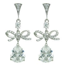 2x Rhodium on 925 Sterling Silver Gift Knot Ribbon Teardrop Dangle Clear CZ Crystal Charm Stud Post Earring