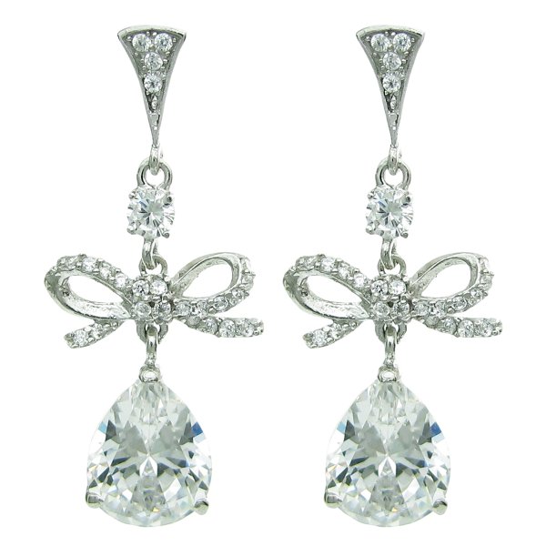 2x Rhodium on 925 Sterling Silver Gift Knot Ribbon Teardrop Dangle Clear CZ Crystal Charm Stud Post Earring