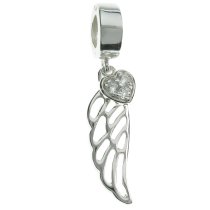 925 Sterling Silver Angel Wing Heart Clear CZ Crystal Dangle Bead for European Charm Bracelets