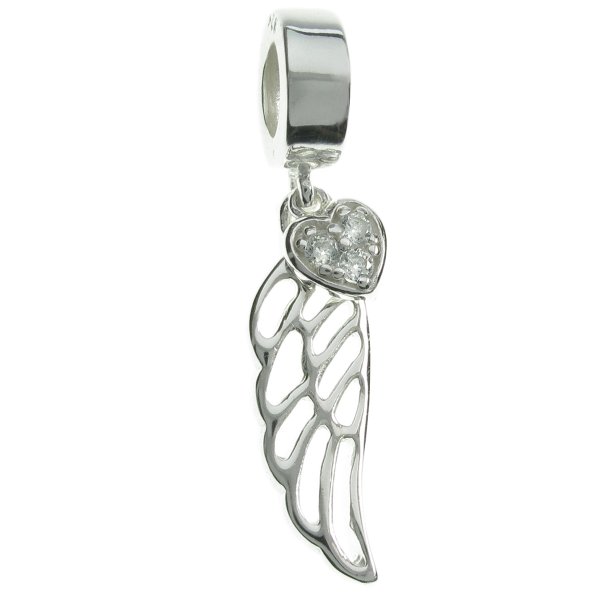 925 Sterling Silver Angel Wing Heart Clear CZ Crystal Dangle Bead for European Charm Bracelets
