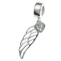 925 Sterling Silver Angel Wing Heart Clear CZ Crystal Dangle Bead for European Charm Bracelets