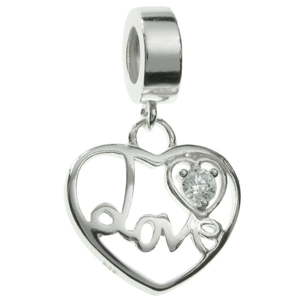 925 Sterling Silver Filigree Love Heart Clear CZ Crystal Dangle Bead for European Charm Bracelets