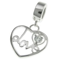 925 Sterling Silver Filigree Love Heart Clear CZ Crystal Dangle Bead for European Charm Bracelets
