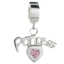 925 Sterling Princess Love Heart Pink CZ Crystal Dangle Bead for European Charm Bracelets