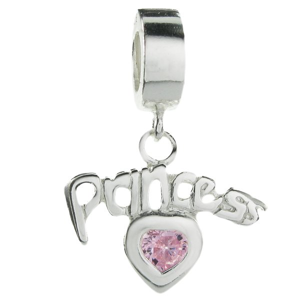 925 Sterling Princess Love Heart Pink CZ Crystal Dangle Bead for European Charm Bracelets