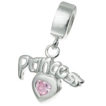 925 Sterling Princess Love Heart Pink CZ Crystal Dangle Bead for European Charm Bracelets