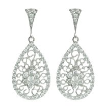 2x Rhodium on 925 Sterling Silver Teardrop Filigree Flower Dangle Clear CZ Crystal Charm Chandelier Earring Stud