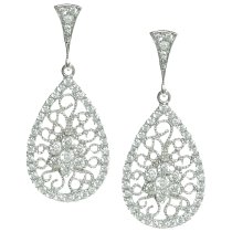2x Rhodium on 925 Sterling Silver Teardrop Filigree Flower Dangle Clear CZ Crystal Charm Chandelier Earring Stud