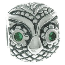 Antique 925 Sterling Silver Owl Bird Green CZ Crystal Bead for European Charm Bracelets
