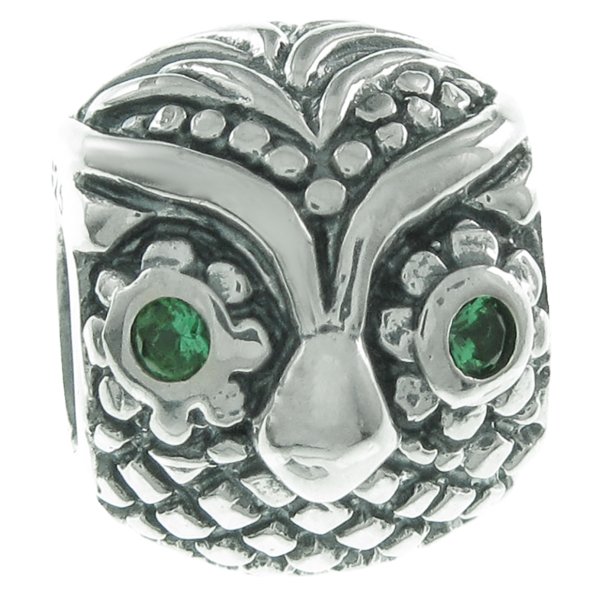 Antique 925 Sterling Silver Owl Bird Green CZ Crystal Bead for European Charm Bracelets