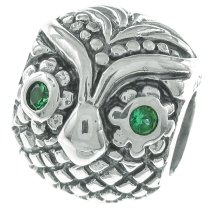 Antique 925 Sterling Silver Owl Bird Green CZ Crystal Bead for European Charm Bracelets