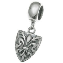 Antique 925 Sterling Fleur-de-lis Flower Scout Shield Dangle Bead for European Charm Bracelets